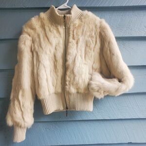 Vintage Cream Rabbit Fur Bomber Jacket